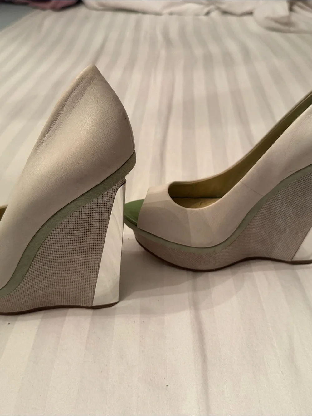 Brian Atwood Ivory Peep-Toe Wedges with Mint Trim